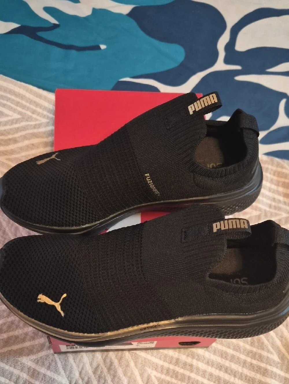 Puma Men’s Black Slip-On Knit Sneakers with Gold Trim